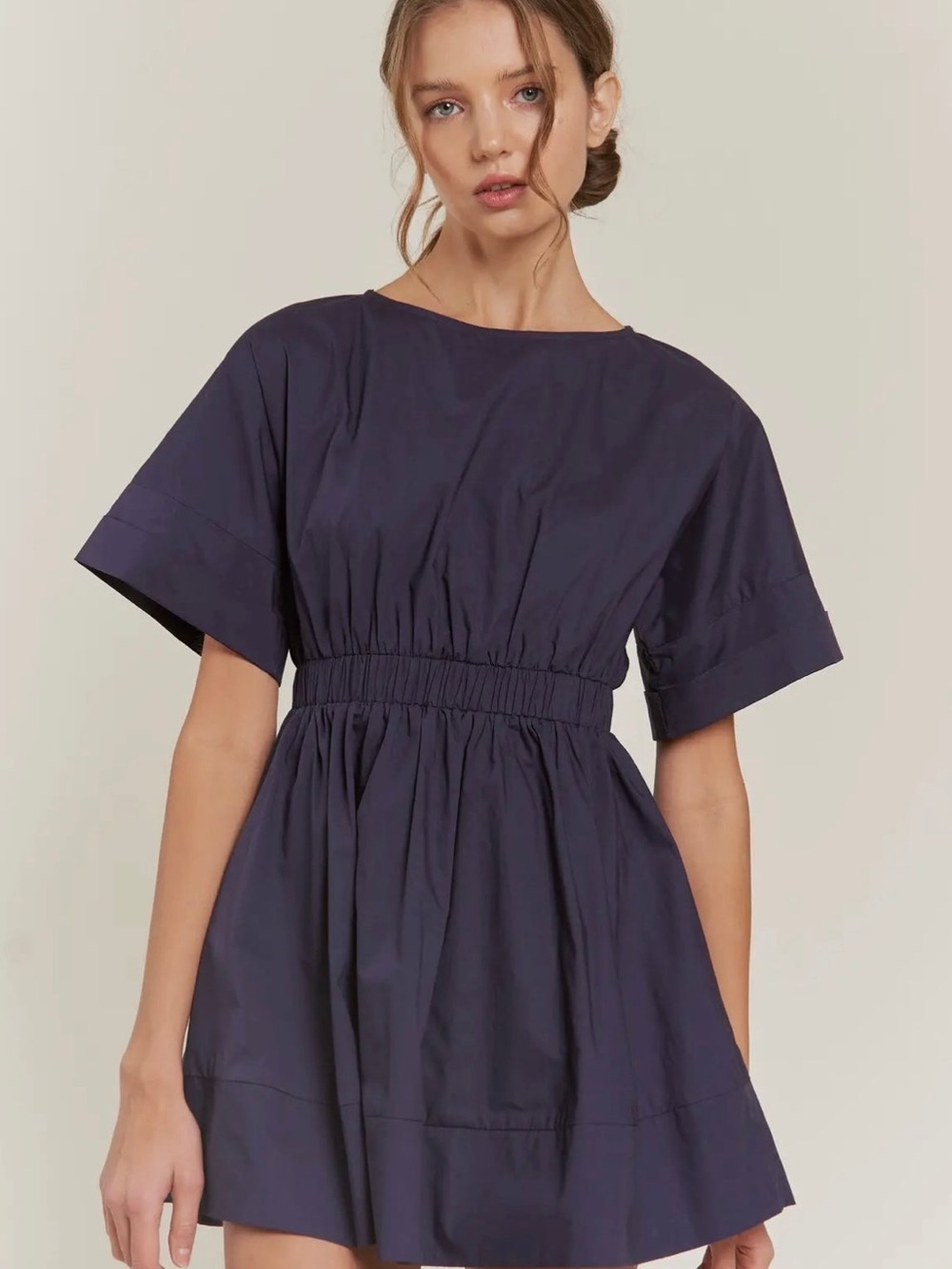 Smocked-Waist Short Sleeve Tunic in Navy